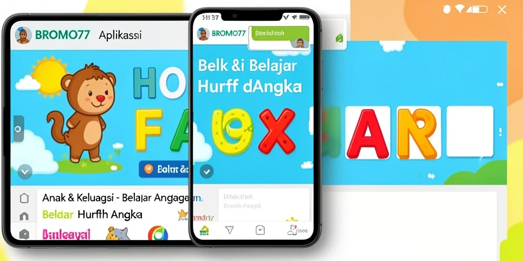 Tampilan antarmuka BROMO77 yang ceria dan interaktif untuk belajar huruf dan angka.
