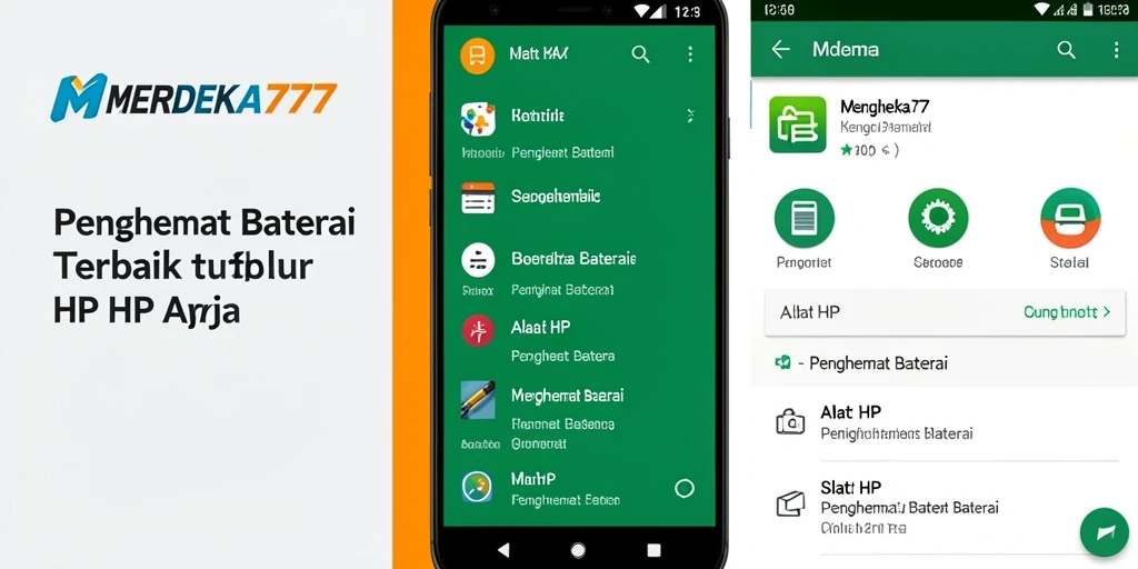 Screenshot antarmuka utama MERDEKA777 dengan fitur Penghemat Baterai.